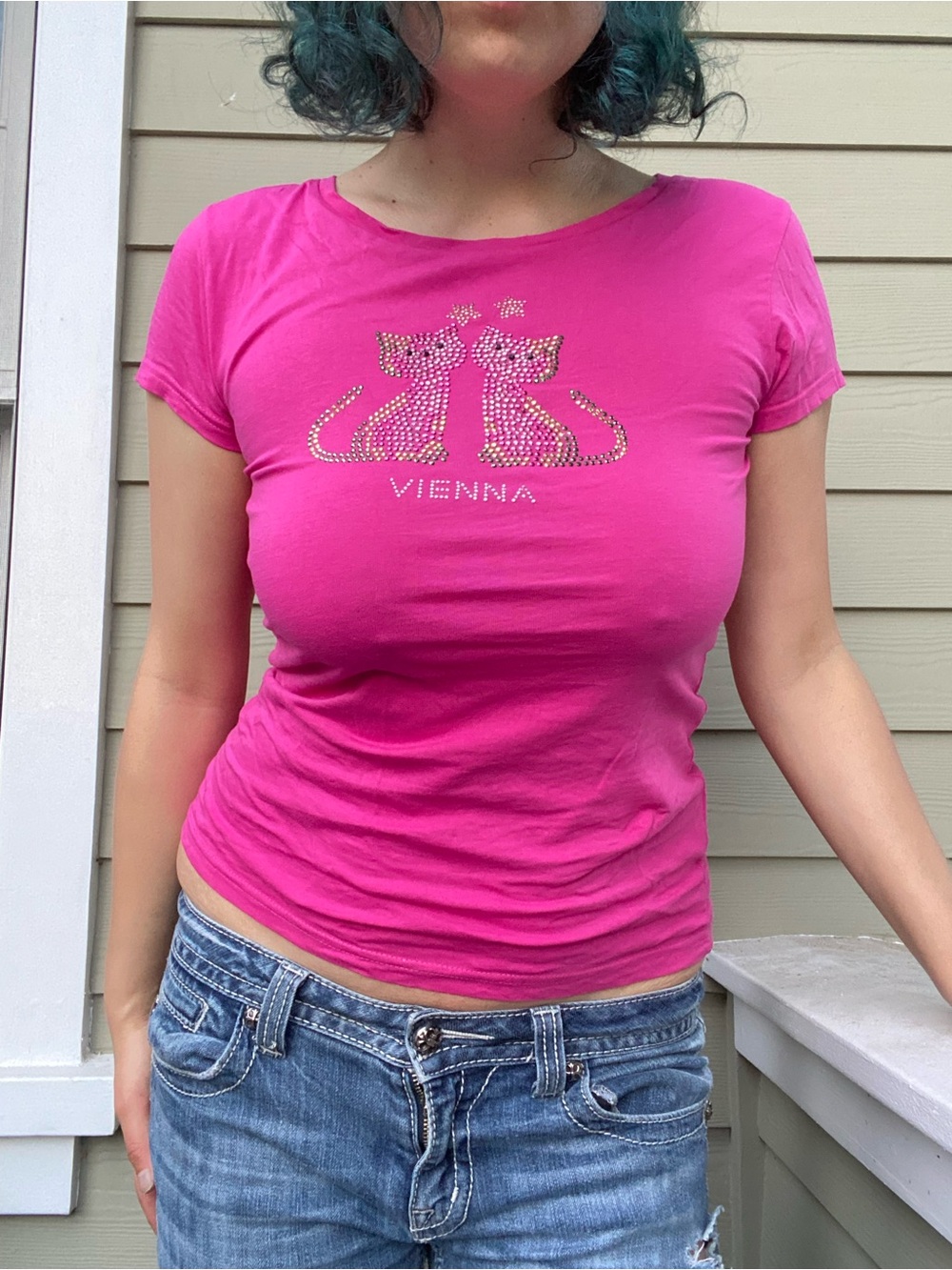Y2K Euro Hot Pink Rhinestone Cat Baby Tee